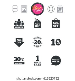 Chat speech bubble, report and calendar signs. Sale discounts icon. Shopping, clients and speech bubble signs. 20, 30, 40 and 50 percent off. Special offer symbols. Classic simple flat web icons