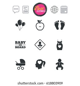 Chat speech bubble, report and calendar signs. Pregnancy, maternity and baby care icons. Air balloon, baby carriage and pacifier signs. Footprint, apple and newborn symbols. Vector