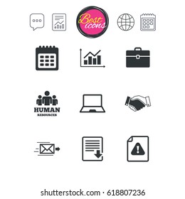 Chat speech bubble, report and calendar signs. Office, documents and business icons. Human resources, handshake and download signs. Chart, laptop and calendar symbols. Classic simple flat web icons