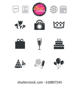Chat speech bubble, report and calendar signs. Party celebration, birthday icons. Fireworks, air balloon and champagne glass signs. Gift box, flowers and photo camera symbols. Vector