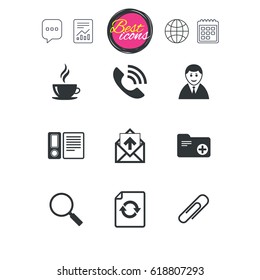 Chat speech bubble, report and calendar signs. Office, documents and business icons. Coffee, phone call and businessman signs. Safety pin, magnifier and mail symbols. Classic simple flat web icons