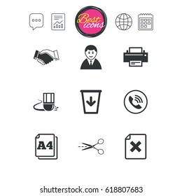 Chat speech bubble, report and calendar signs. Office, documents and business icons. Printer, handshake and phone signs. Boss, recycle bin and eraser symbols. Classic simple flat web icons. Vector