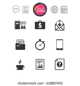 Chat speech bubble, report and calendar signs. Office, documents and business icons. Accounting, human resources and phone signs. Mail, salary and statistics symbols. Classic simple flat web icons