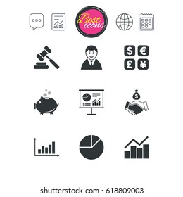 Chat speech bubble, report and calendar signs. Money, cash and finance icons. Handshake, piggy bank and currency exchange signs. Chart, auction and businessman symbols. Classic simple flat web icons