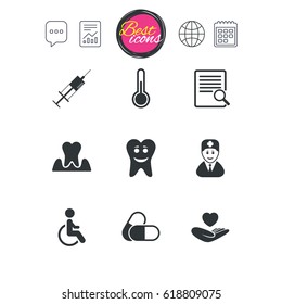 Chat speech bubble, report and calendar signs. Medicine, medical health and diagnosis icons. Capsules, syringe and doctor signs. Tooth parodontosis, disabled person symbols. Vector