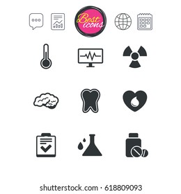 Chat speech bubble, report and calendar signs. Medicine, medical health and diagnosis icons. Blood donate, thermometer and pills signs. Tooth, neurology symbols. Classic simple flat web icons. Vector