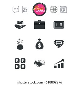 Chat speech bubble, report and calendar signs. Money, cash and finance icons. Handshake, safe and currency exchange signs. Chart, case and jewelry symbols. Classic simple flat web icons. Vector