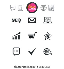 Chat speech bubble, report and calendar signs. Internet, seo icons. Tick, online shopping and chart signs. Bandwidth, mobile device and chat symbols. Classic simple flat web icons. Vector
