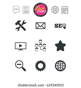 Chat speech bubble, report and calendar signs. Internet, seo icons. Repair, database and star signs. Mail, settings and monitoring symbols. Classic simple flat web icons. Vector
