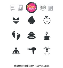 Chat speech bubble, report and calendar signs. Spa, hairdressing icons. Swimming pool sign. Lingerie, scissors and hairdryer symbols. Classic simple flat web icons. Vector