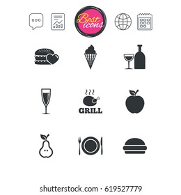 Chat speech bubble, report and calendar signs. Food, drink icons. Grill, burger and ice cream signs. Chicken, champagne and apple symbols. Classic simple flat web icons. Vector
