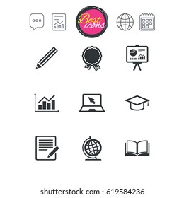 Chat speech bubble, report and calendar signs. Education and study icon. Presentation signs. Report, analysis and award medal symbols. Classic simple flat web icons. Vector