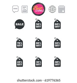 Chat speech bubble, report and calendar signs. Sale discounts icons. Special offer signs. Shopping price tag symbols. Classic simple flat web icons. Vector