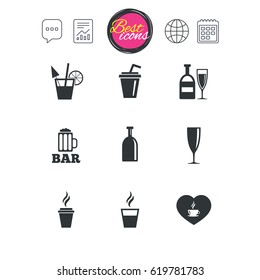 Chat speech bubble, report and calendar signs. Beer, coffee and tea icons. Beer, wine and cocktail signs. Soft and alcohol drinks symbols. Classic simple flat web icons. Vector