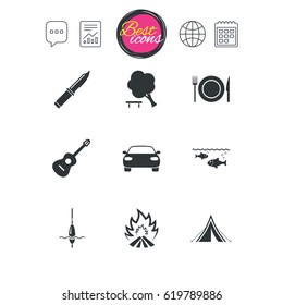Chat speech bubble, report and calendar signs. Hike trip, camping icons. Fishing, campfire and tourist tent signs. Guitar music, knife and food symbols. Classic simple flat web icons. Vector