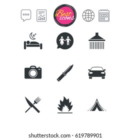 Chat speech bubble, report and calendar signs. Hiking trip icons. Camping, shower and wc toilet signs. Tourist tent, fork and knife symbols. Classic simple flat web icons. Vector