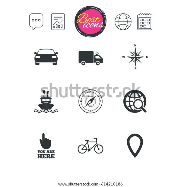 Chat
speech bubble, report and calendar signs. Navigation, gps icons.
Windrose, compass and map pointer signs. Bicycle, ship and car
symbols. Classic simple flat web icons.
Vector