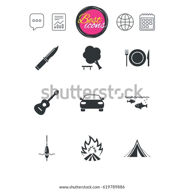 Chat\
speech bubble, report and calendar signs. Hike trip, camping icons.\
Fishing, campfire and tourist tent signs. Guitar music, knife and\
food symbols. Classic simple flat web icons.\
Vector