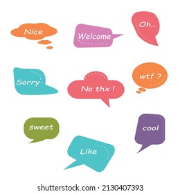 Chat speech bubble with talk phrase for communication set. Question, shout expression and comment message for chatting and social media conversation vector illustration isolated on white