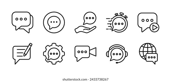 Chat speech bubble thin line icon set. Containing fast response, comment quote, support and service center, voice message, global communication, sound recording. Vector illustration
