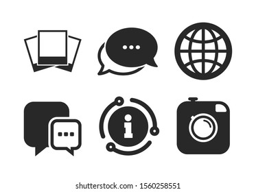 Chat speech bubble and world globe symbols. Chat, info sign. Social media icons. Hipster photo camera sign. Photo frames. Classic style speech bubble icon. Vector