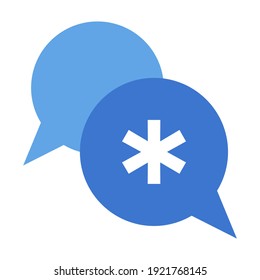 Chat Speech Bubbles Balloon With Asterisk Star Mark Sign.  Blue Colour. Design Vector Symbol Icon Illustration.