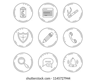 Chat speech bubbles, bell and pencil icons. Phone call, smoking and vacation calendar linear signs. Shield, battery and magnifier flat line icons. Linear Circles web buttons with icons. Vector