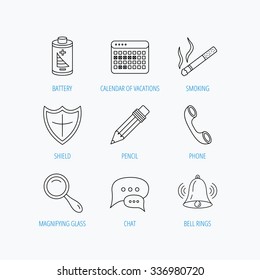 Chat speech bubbles, bell and pencil icons. Phone call, smoking and vacation calendar linear signs. Shield, battery and magnifier flat line icons. Linear set icons on white background.