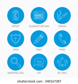 Chat speech bubbles, bell and pencil icons. Phone call, smoking and vacation calendar linear signs. Shield, battery and magnifier flat line icons. Blue circle buttons set. Linear icons.
