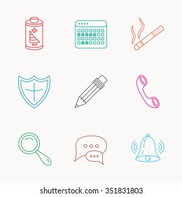 Chat speech bubbles, bell and pencil icons. Phone call, smoking and vacation calendar linear signs. Shield, battery and magnifier flat line icons. Linear colored icons.