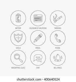 Chat speech bubbles, bell and pencil icons. Phone call, smoking and vacation calendar linear signs. Shield, battery and magnifier flat line icons. Linear colored in circle edge icons.