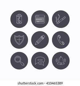 Chat speech bubbles, bell and pencil icons. Phone call, smoking and vacation calendar linear signs. Shield, battery and magnifier flat line icons. Flat icons in circle buttons on white background.