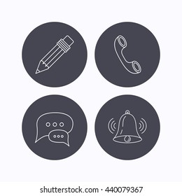 Chat speech bubbles, bell and pencil icons. Phone call linear sign. Flat icons in circle buttons on white background. Vector