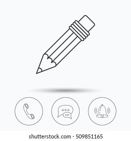 Chat speech bubbles, bell and pencil icons. Phone call linear sign. Linear icons in circle buttons. Flat web symbols. Vector