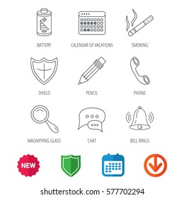 Chat speech bubbles, bell and pencil icons. Phone call, smoking and vacation calendar linear signs. Shield, battery and magnifier flat line icons. New tag, shield and calendar web icons. Vector