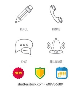 Chat speech bubbles, bell and pencil icons. Phone call linear sign. Shield protection, calendar and new tag web icons. Vector