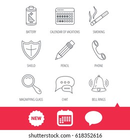 Chat speech bubbles, bell and pencil icons. Phone call, smoking and vacation calendar linear signs. Shield, battery and magnifier flat line icons. New tag, speech bubble and calendar web icons. Vector