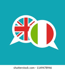 chat speech bubbles with english and italian flags isolated on blue background. Vector flat icon. communication, education picture. Learn, study language icon. 