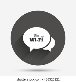 Chat speech bubbles. Free wifi sign. Wifi symbol. Wireless Network icon. Wifi zone. Circle flat button with shadow. Vector