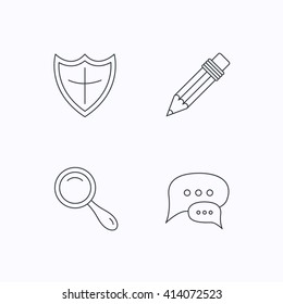 Chat speech bubbles, magnifier and pencil icons. Shield protection linear sign. Flat linear icons on white background. Vector