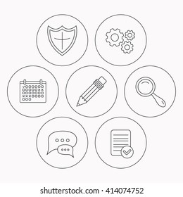 Chat speech bubbles, magnifier and pencil icons. Shield protection linear sign. Check file, calendar and cogwheel icons. Vector