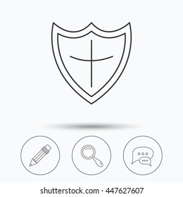 Chat speech bubbles, magnifier and pencil icons. Shield protection linear sign. Linear icons in circle buttons. Flat web symbols. Vector