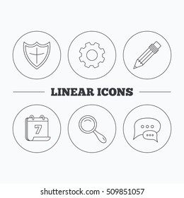 Chat speech bubbles, magnifier and pencil icons. Shield protection linear sign. Flat cogwheel and calendar symbols. Linear icons in circle buttons. Vector