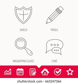 Chat speech bubbles, magnifier and pencil icons. Shield protection linear sign. Edit document, Calendar and Graph chart signs. Star, Check and House web icons. Vector
