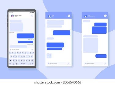 Chat-Sprechblasen auf Smartphone-Bildschirm, Dialog-Ballons für private Nachrichten senden blauen Vektorvorlage. Chatprogramm oder Botenerdesign für die Anzeige von Mobiltelefonen