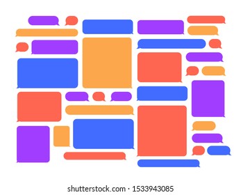 Chat speech bubbles. Smartphone messenger talk bubble frame, chats conversation speeches frames and color online talks messages vector set. Social media network empty multicolor dialog boxes