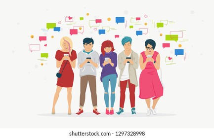 Chat speech bubbles for texting, leaving comment and memes concept flat vector illustration of young teenagers using mobile smartphone for chat texting in messenger app. People standing with bubbles