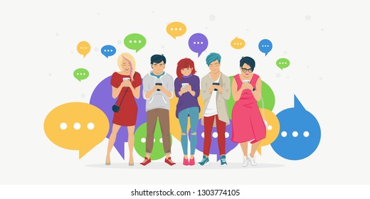 Chat speech bubbles for texting, leaving comment and memes concept flat vector illustration of young teenagers using mobile smartphone for chat texting in messenger app. People standing with bubbles