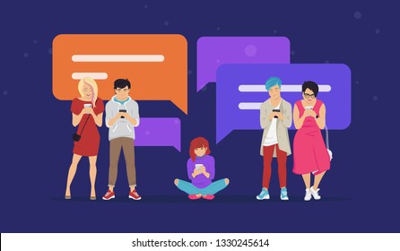 Chat speech bubbles for texting messages, communicating and sharing meme flat vector illustration of young teenagers using mobile smartphone for chatting in messaging app. People standing with bubbles