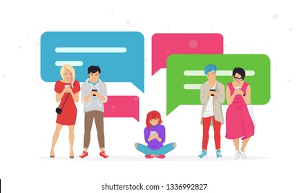 Chat speech bubbles for texting messages, communicating and sharing meme flat vector illustration of young teenagers using mobile smartphone for chatting in messenger app. People standing with bubbles